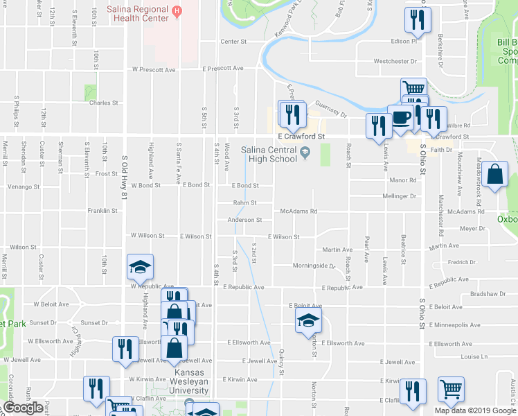 map of restaurants, bars, coffee shops, grocery stores, and more near 504 Rahm Street in Salina