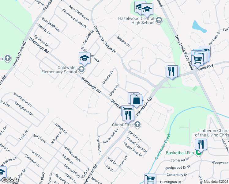 map of restaurants, bars, coffee shops, grocery stores, and more near 2900 Chance Drive in Florissant