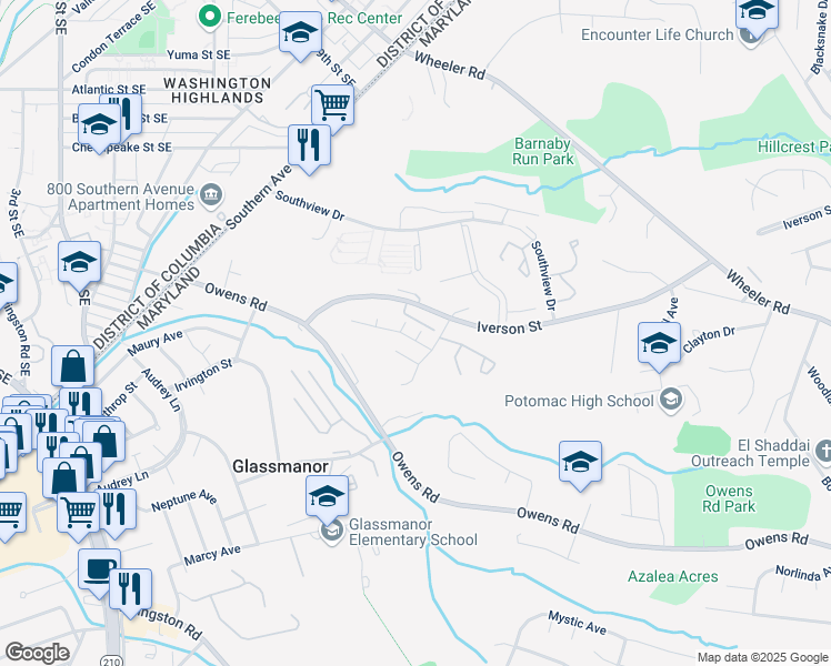 map of restaurants, bars, coffee shops, grocery stores, and more near 4807 Bluebell Court in Oxon Hill