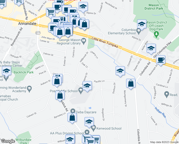 map of restaurants, bars, coffee shops, grocery stores, and more near 4601 Monterey Drive in Annandale