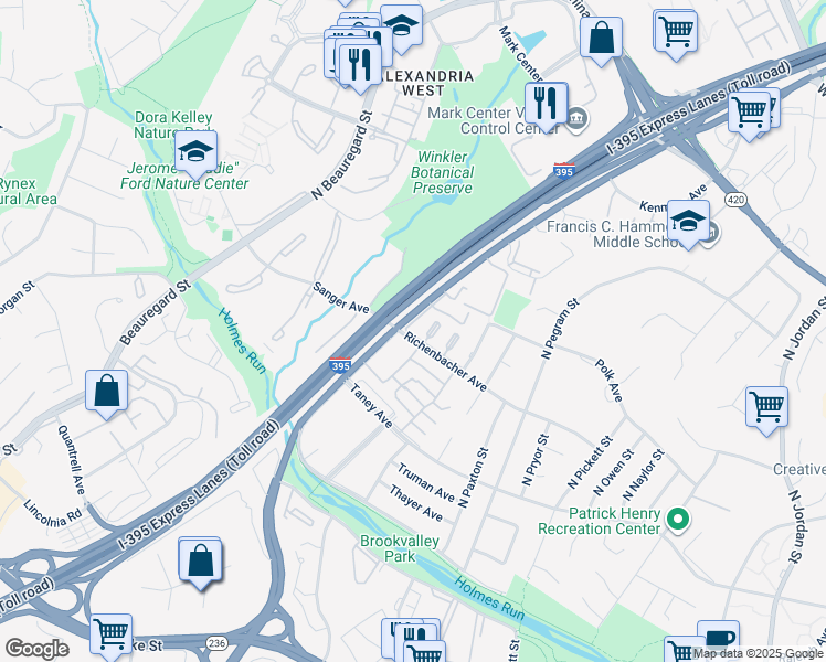 map of restaurants, bars, coffee shops, grocery stores, and more near 5441 Richenbacher Avenue in Alexandria