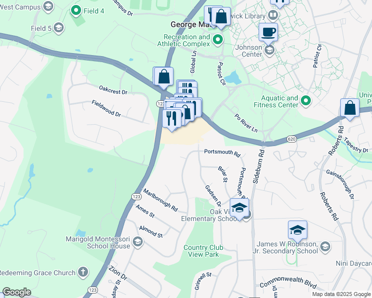 map of restaurants, bars, coffee shops, grocery stores, and more near 5104 Portsmouth Road in Fairfax