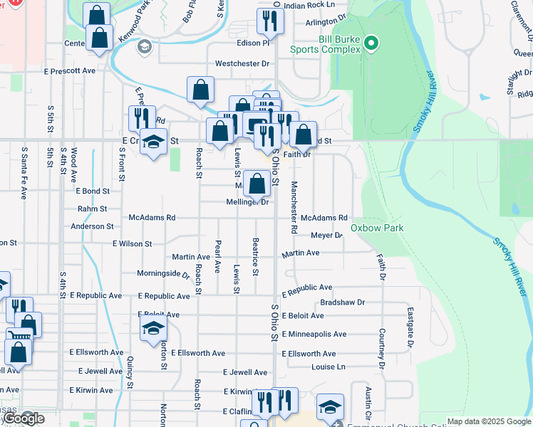 map of restaurants, bars, coffee shops, grocery stores, and more near 842 South Ohio Street in Salina