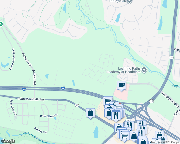map of restaurants, bars, coffee shops, grocery stores, and more near 6172 Amber Lane in Haymarket
