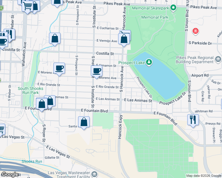 map of restaurants, bars, coffee shops, grocery stores, and more near 1003 East Rio Grande Street in Colorado Springs