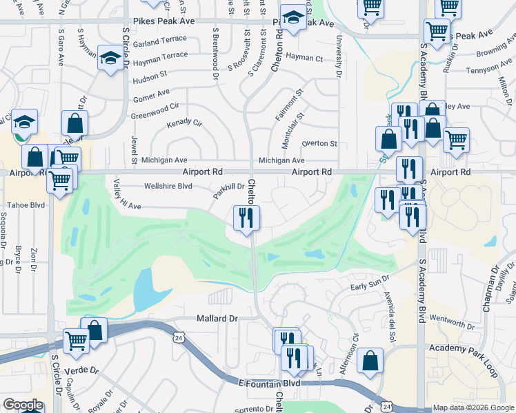 map of restaurants, bars, coffee shops, grocery stores, and more near 3302 Valley Hi Avenue in Colorado Springs