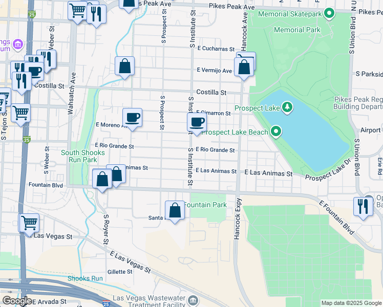 map of restaurants, bars, coffee shops, grocery stores, and more near 729 South Institute Street in Colorado Springs