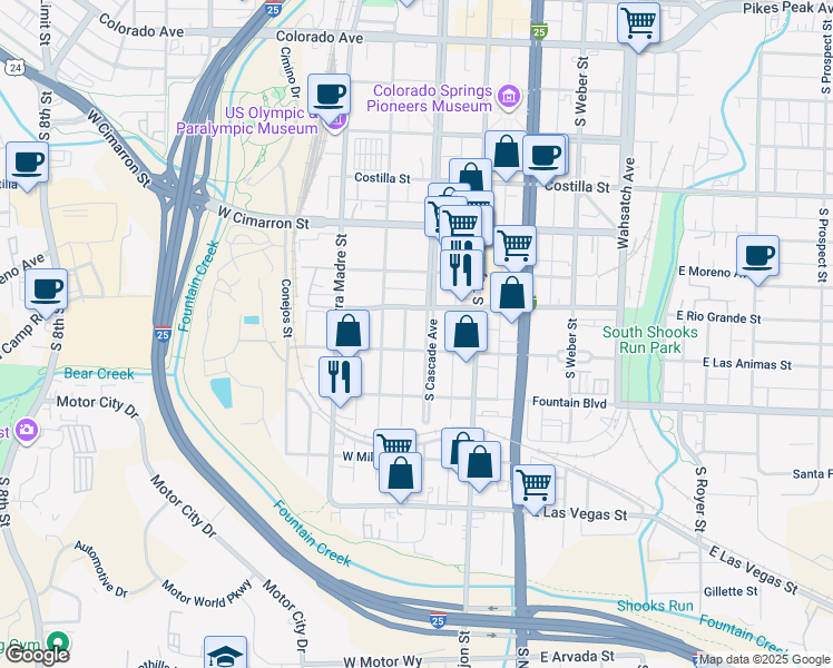 map of restaurants, bars, coffee shops, grocery stores, and more near 5 West Las Animas Street in Colorado Springs