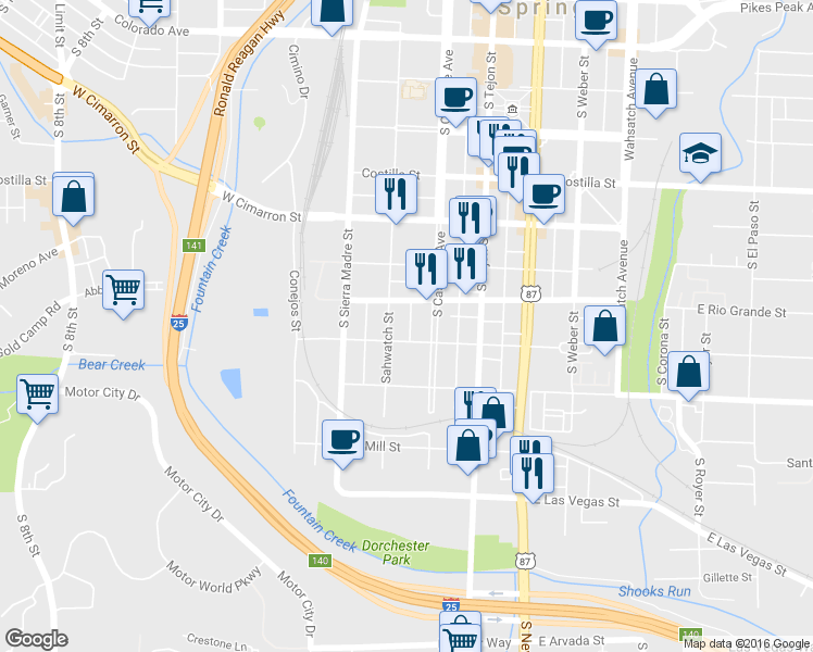 map of restaurants, bars, coffee shops, grocery stores, and more near 31 West Las Animas Street in Colorado Springs