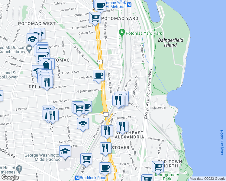 map of restaurants, bars, coffee shops, grocery stores, and more near 101 Independence Avenue Southeast in Washington