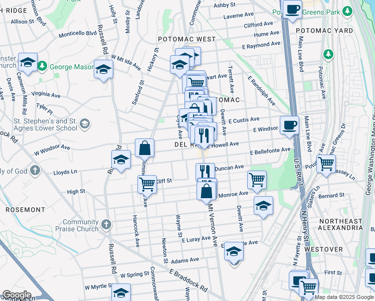map of restaurants, bars, coffee shops, grocery stores, and more near 107 West Howell Avenue in Alexandria