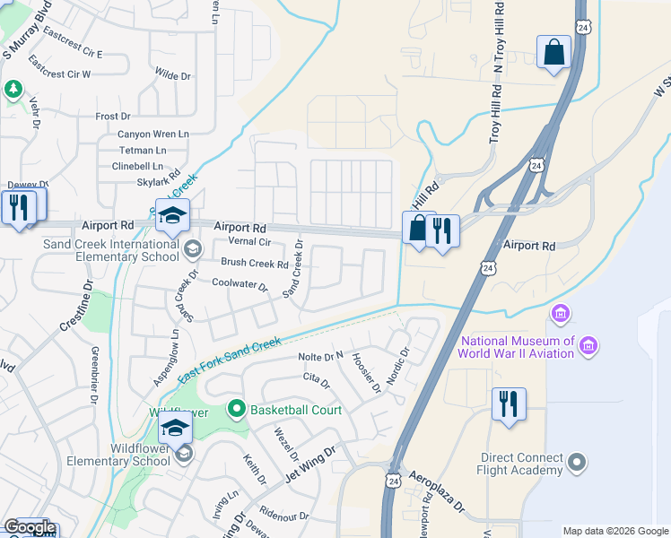 map of restaurants, bars, coffee shops, grocery stores, and more near 524 Prairie Star Circle in Colorado Springs