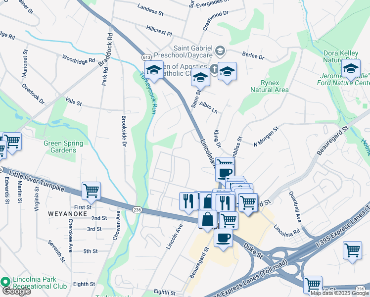 map of restaurants, bars, coffee shops, grocery stores, and more near 4643 Linmar Court in Alexandria