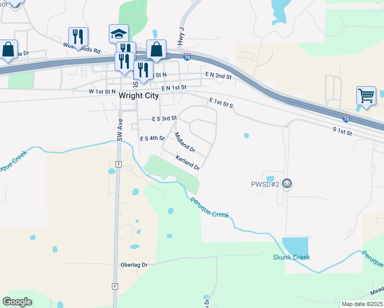 map of restaurants, bars, coffee shops, grocery stores, and more near 241 Kerland Drive in Wright City