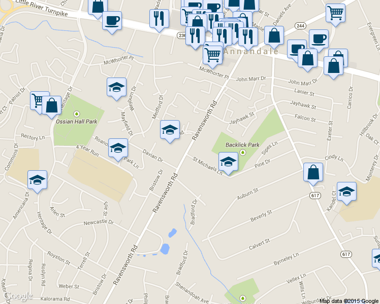 map of restaurants, bars, coffee shops, grocery stores, and more near 7401 St Michaels Ln in Annandale