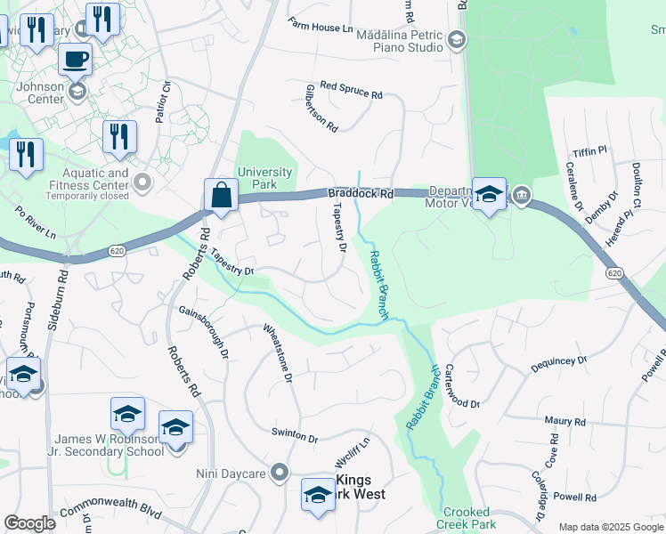map of restaurants, bars, coffee shops, grocery stores, and more near 4772 Tapestry Drive in Fairfax