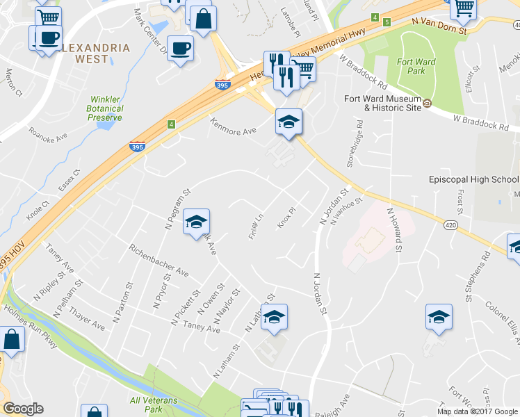 map of restaurants, bars, coffee shops, grocery stores, and more near in Alexandria