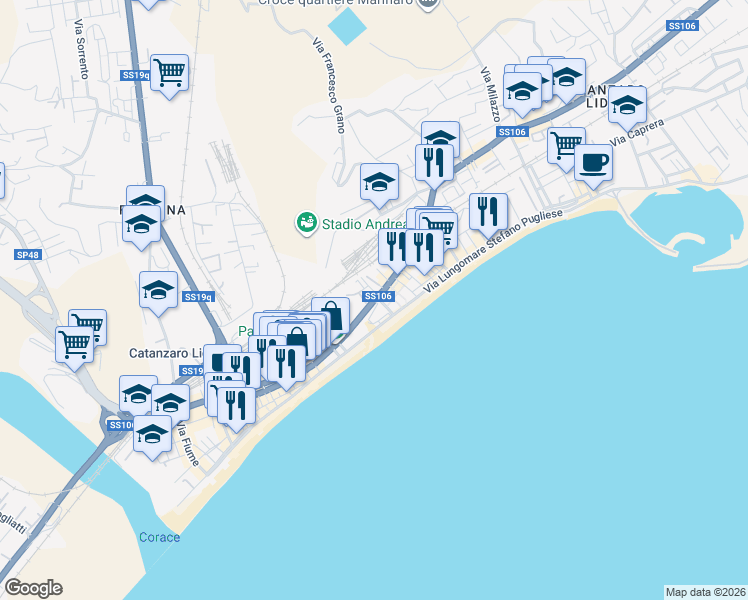 map of restaurants, bars, coffee shops, grocery stores, and more near 20 Traversa Crotone in Catanzaro