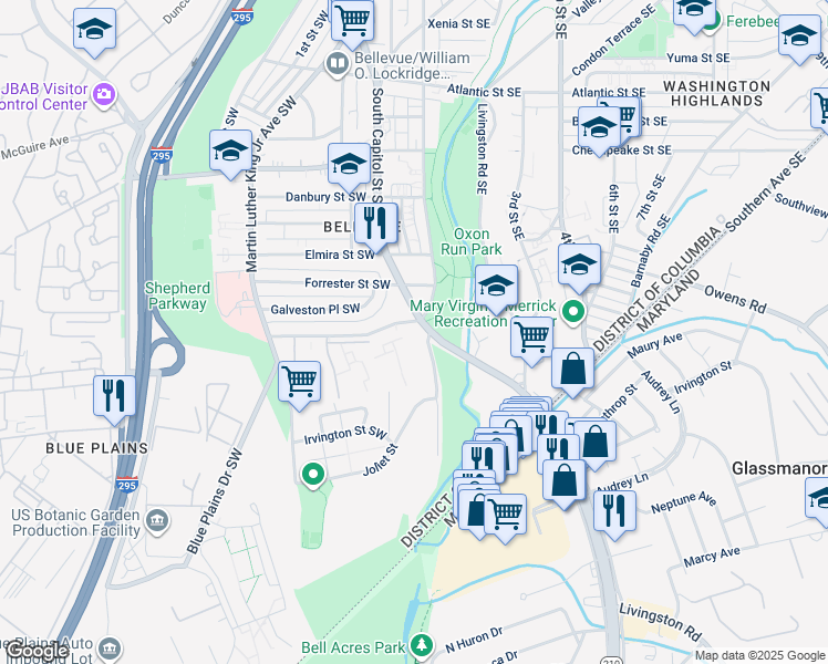 map of restaurants, bars, coffee shops, grocery stores, and more near 6 Galveston Street Southwest in Washington