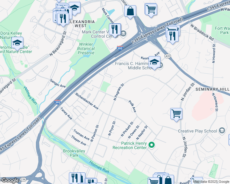 map of restaurants, bars, coffee shops, grocery stores, and more near 1210 North Pegram Street in Alexandria