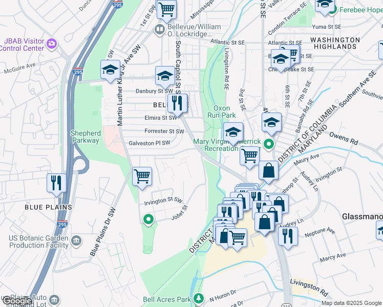 map of restaurants, bars, coffee shops, grocery stores, and more near 12 Galveston Street Southwest in Washington