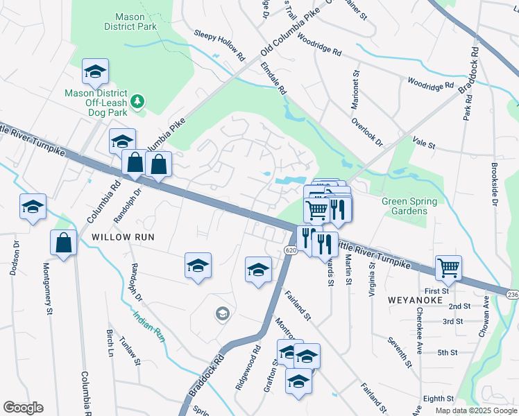 map of restaurants, bars, coffee shops, grocery stores, and more near 6565 Tartan Vista Drive in Alexandria