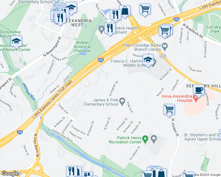 map of restaurants, bars, coffee shops, grocery stores, and more near 1210 North Pegram Street in Alexandria