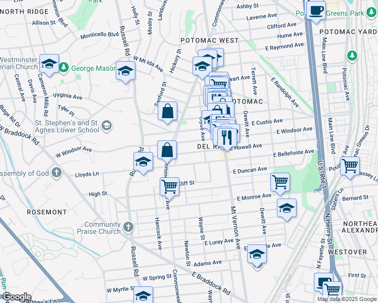 map of restaurants, bars, coffee shops, grocery stores, and more near 16 East Howell Avenue in Alexandria