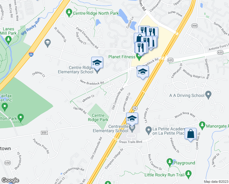 map of restaurants, bars, coffee shops, grocery stores, and more near 6313 Musket Ball Drive in Centreville