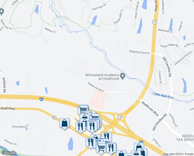 map of restaurants, bars, coffee shops, grocery stores, and more near Avens Creek Drive in Haymarket