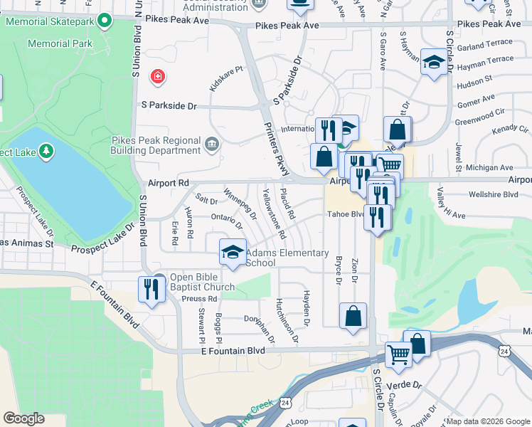 map of restaurants, bars, coffee shops, grocery stores, and more near 415 Yellowstone Road in Colorado Springs