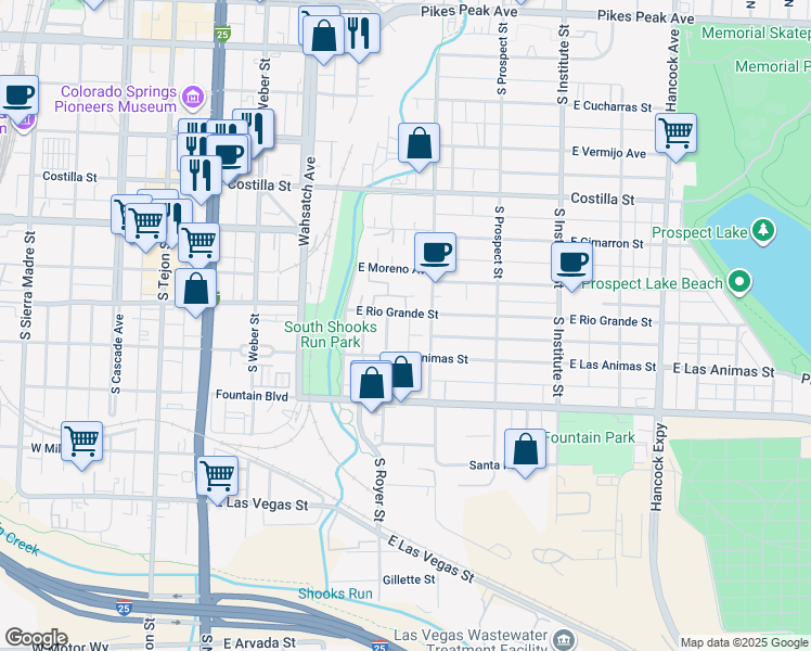 map of restaurants, bars, coffee shops, grocery stores, and more near 546 East Rio Grande Street in Colorado Springs
