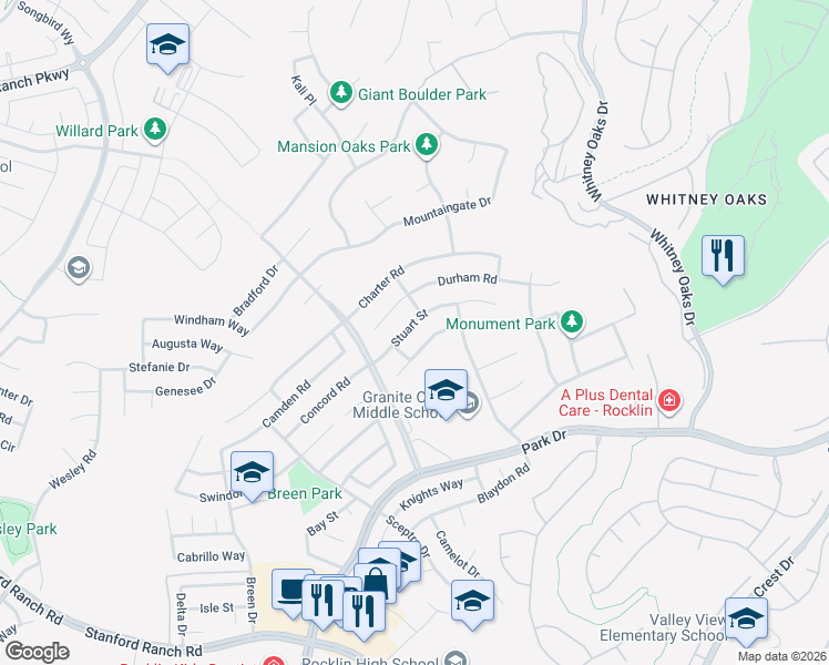 map of restaurants, bars, coffee shops, grocery stores, and more near 4726 Stuart Street in Rocklin