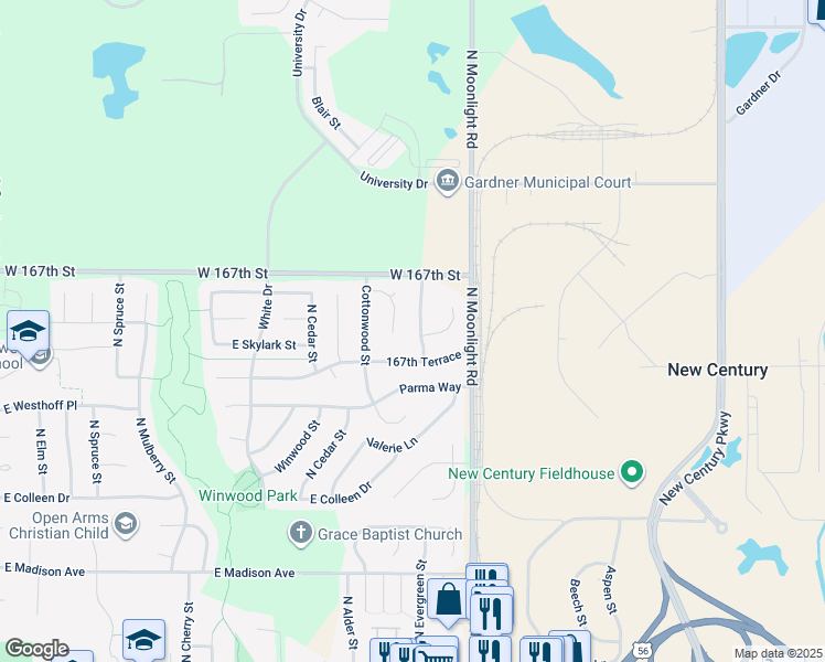 map of restaurants, bars, coffee shops, grocery stores, and more near 844 North Evergreen Street in Gardner