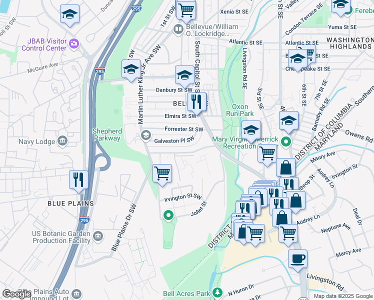 map of restaurants, bars, coffee shops, grocery stores, and more near 57 Galveston Street Southwest in Washington
