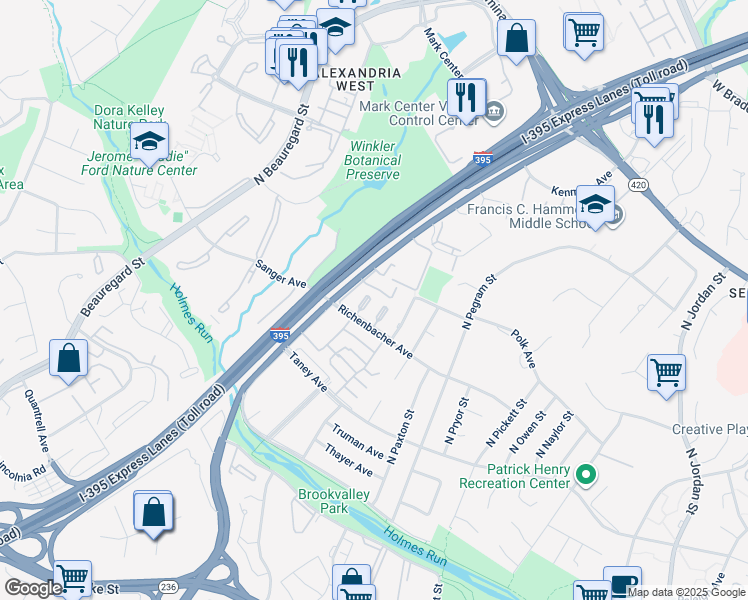 map of restaurants, bars, coffee shops, grocery stores, and more near 1015 North Vail Street in Alexandria