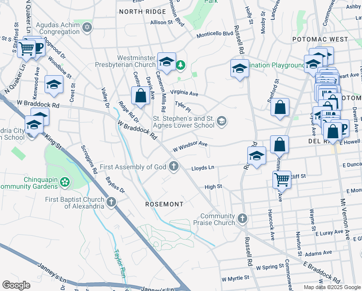 map of restaurants, bars, coffee shops, grocery stores, and more near 515 West Windsor Avenue in Alexandria