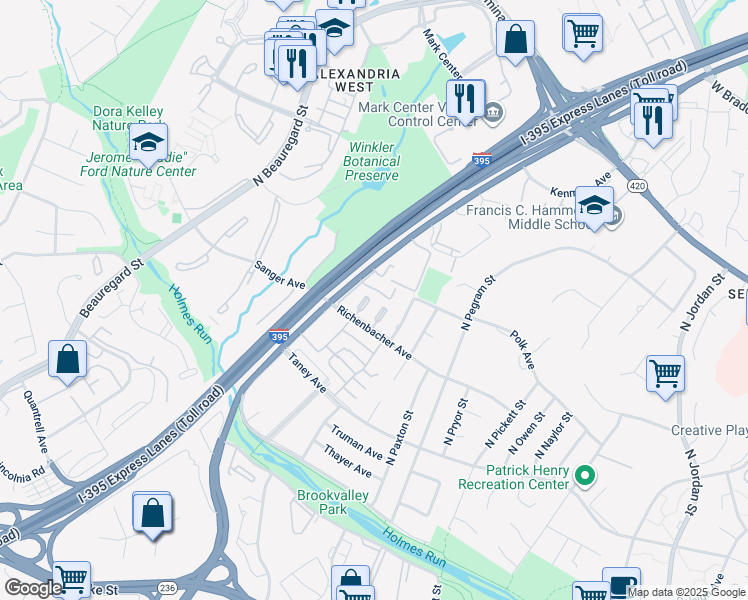map of restaurants, bars, coffee shops, grocery stores, and more near 1015 North Vail Street in Alexandria