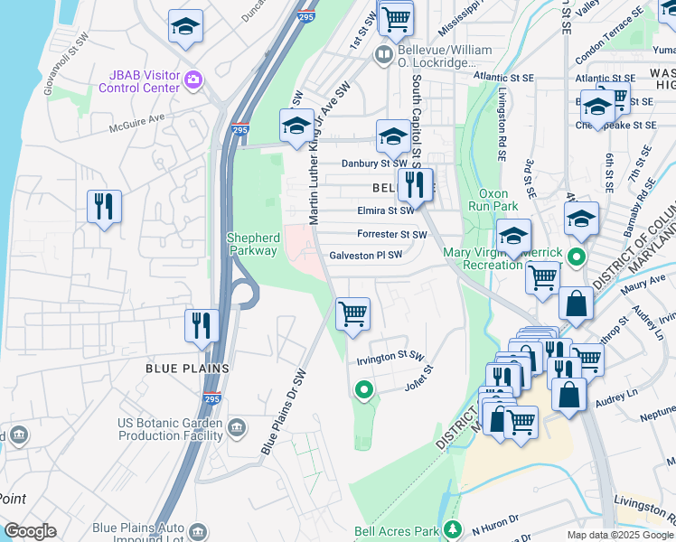 map of restaurants, bars, coffee shops, grocery stores, and more near 127 Galveston Street Southwest in Washington