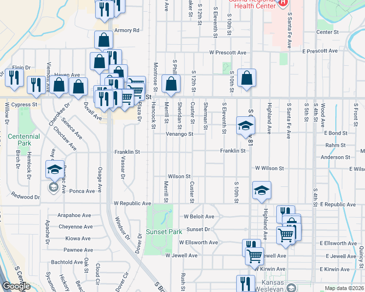 map of restaurants, bars, coffee shops, grocery stores, and more near 821 Sheridan Street in Salina