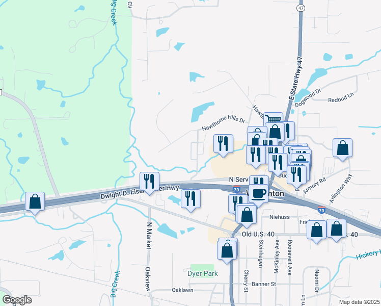 map of restaurants, bars, coffee shops, grocery stores, and more near 1043 Hawthorne Hills Drive in Warrenton