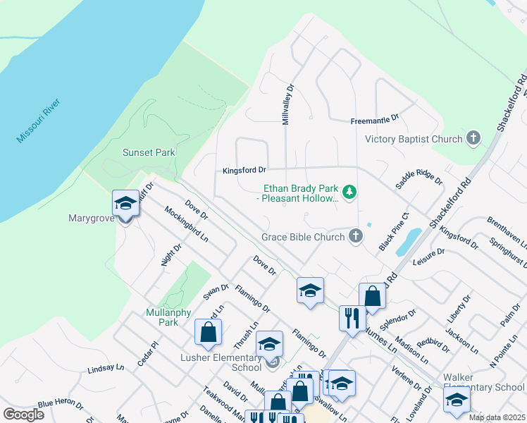 map of restaurants, bars, coffee shops, grocery stores, and more near 2172 Farthing Court in Florissant