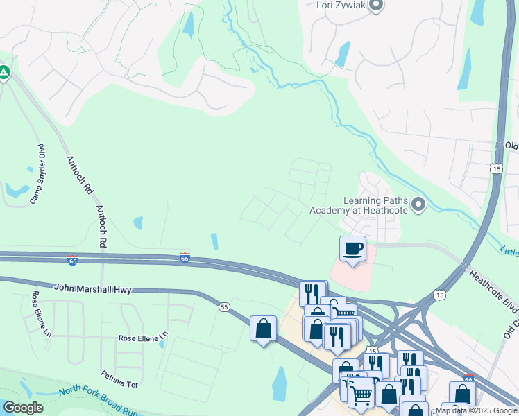 map of restaurants, bars, coffee shops, grocery stores, and more near 6172 Amber Lane in Haymarket