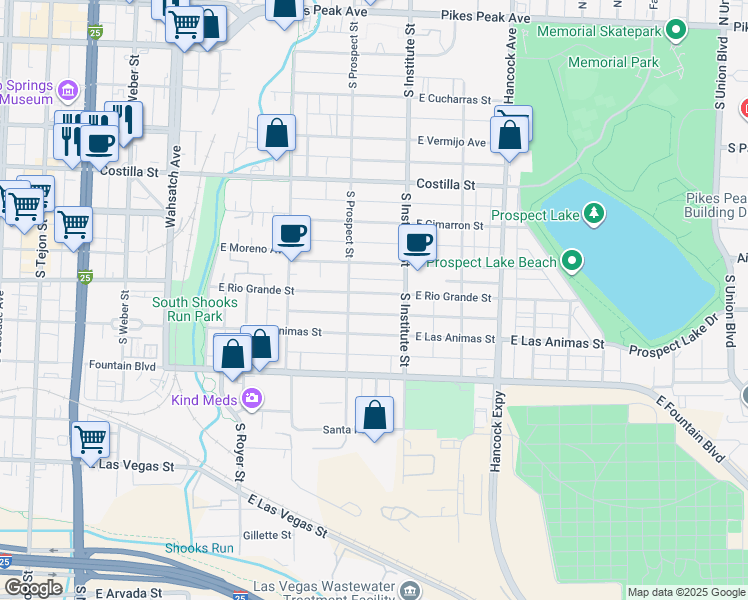 map of restaurants, bars, coffee shops, grocery stores, and more near 823 East Rio Grande Street in Colorado Springs