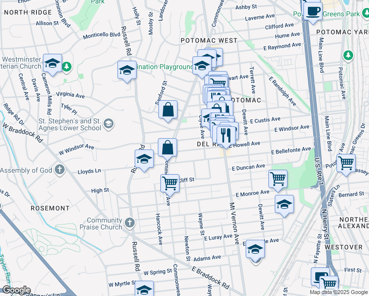 map of restaurants, bars, coffee shops, grocery stores, and more near 12 East Howell Avenue in Alexandria