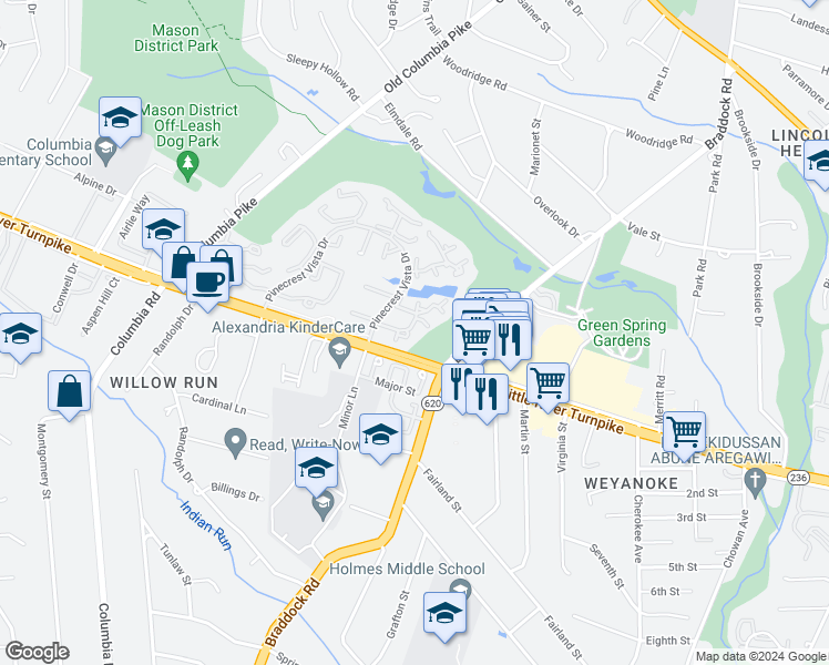map of restaurants, bars, coffee shops, grocery stores, and more near 6525 Tartan Vista Drive in Alexandria