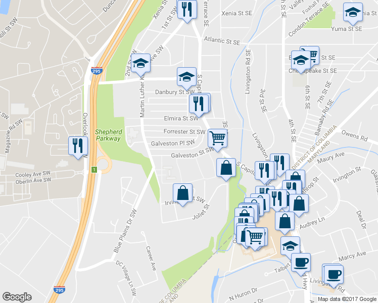map of restaurants, bars, coffee shops, grocery stores, and more near 57 Galveston Street Southwest in Washington