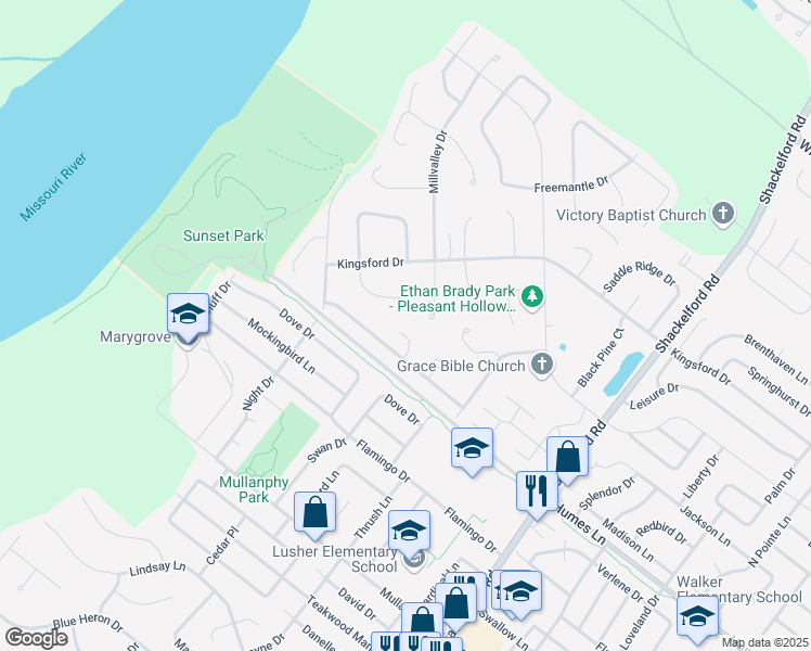 map of restaurants, bars, coffee shops, grocery stores, and more near 2162 Farthing Court in Florissant