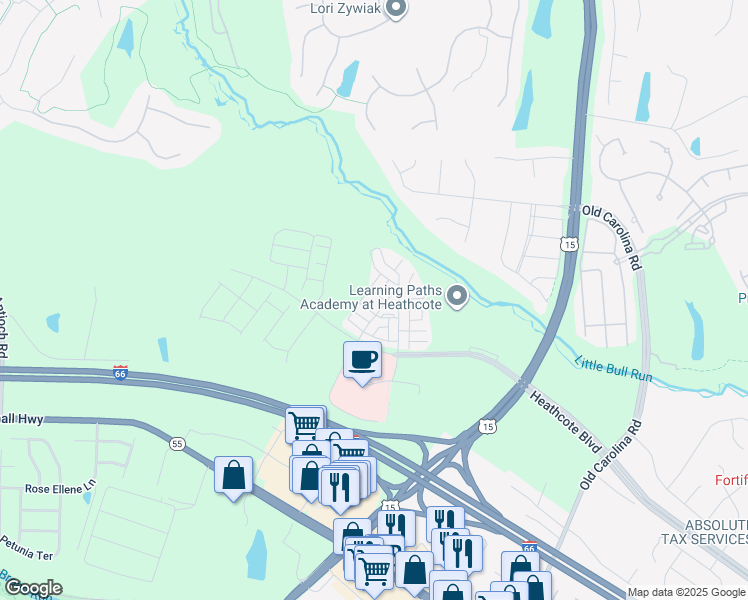 map of restaurants, bars, coffee shops, grocery stores, and more near 15248 Rosemont Manor Drive in Haymarket