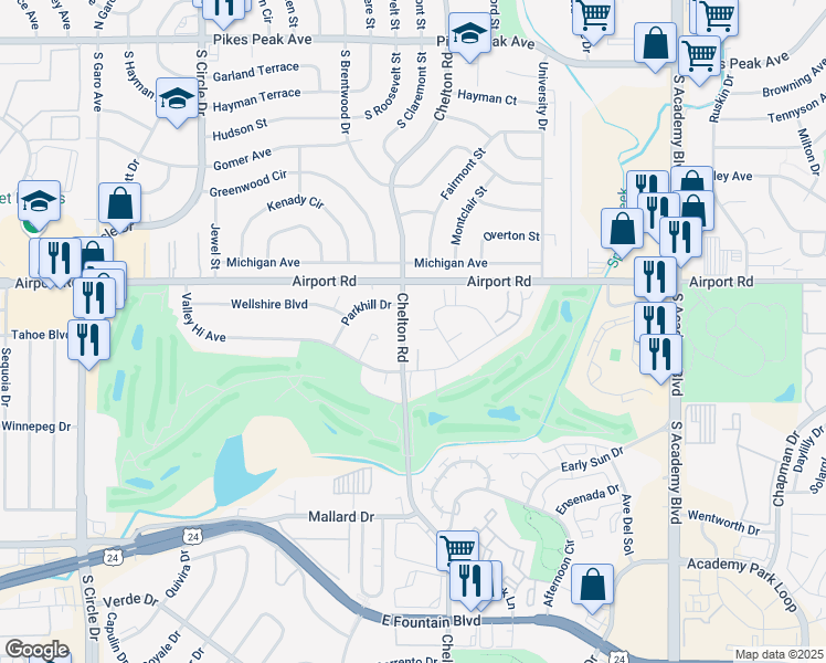 map of restaurants, bars, coffee shops, grocery stores, and more near 413 South Chelton Road in Colorado Springs